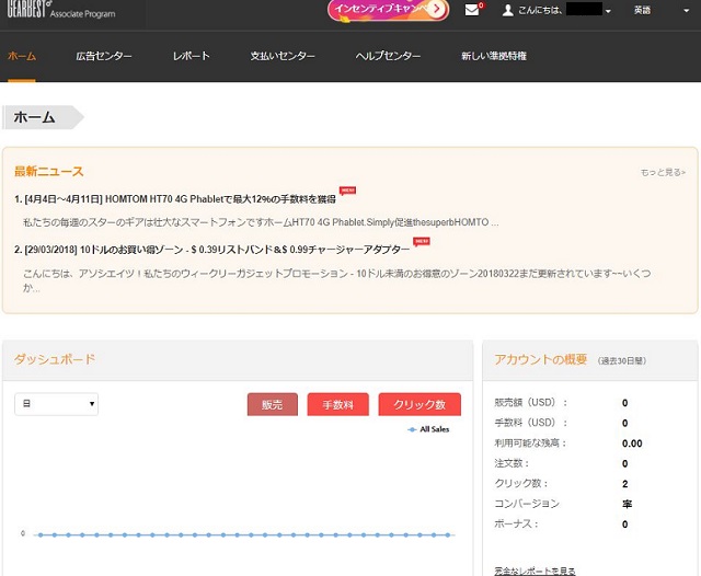 GearBest Associate Programの管理画面を日本語訳に通したもの