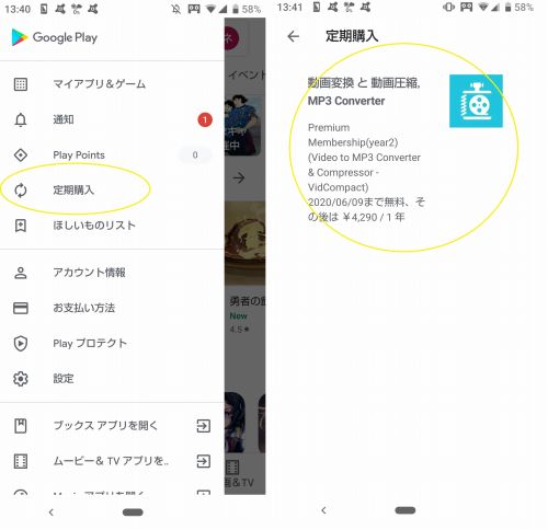 Google Play Storeの定期購入画面